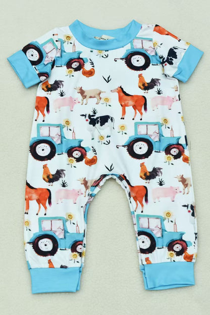 Western unisex animals & tractor printed short sleeve baby jumpsuit X05022