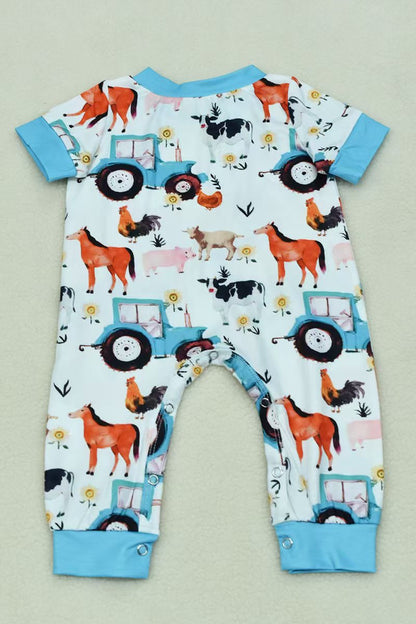 Western unisex animals & tractor printed short sleeve baby jumpsuit X05022