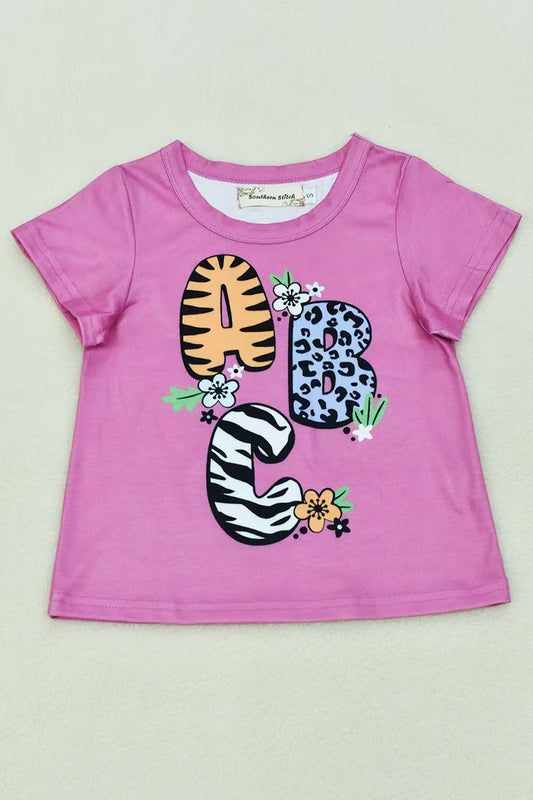 Shop animal ABC printed pink short sleeve girls top X01012