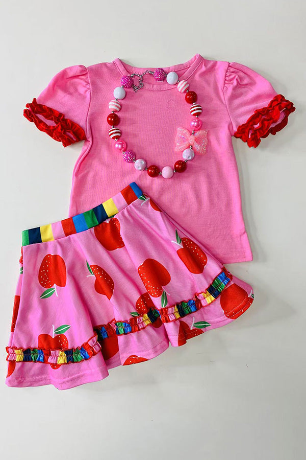 Back to school pink short sleeve top & apples skirt girls boutique set DLH2850