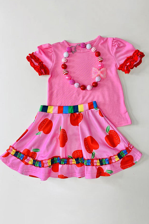 Back to school pink short sleeve top & apples skirt girls boutique set DLH2850