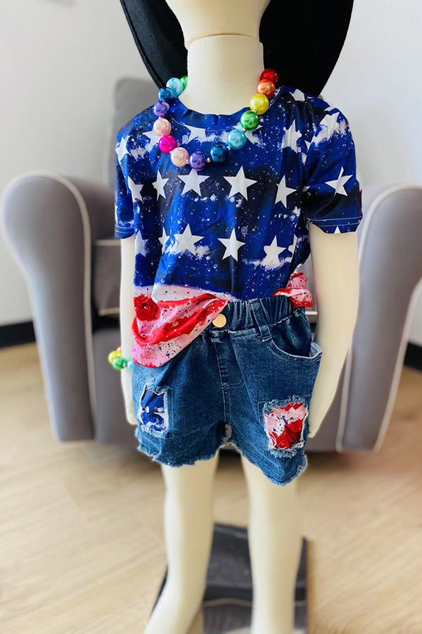 4th of July USA flag short sleeve top & patch denim shorts girls sets DLH2775