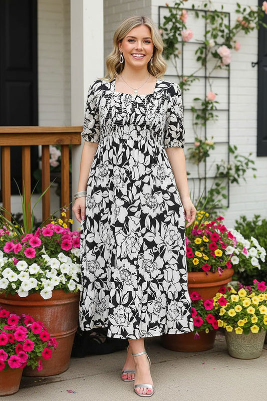 Black flower printed square collar half sleeves rayon women dress GJQ16251