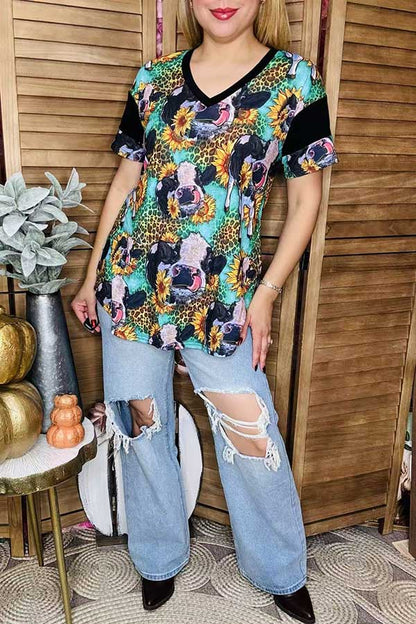 Western leopard & cow & sunflower short sleeve women's boutique top BQ12527