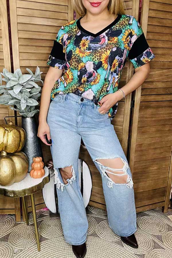 Western leopard & cow & sunflower short sleeve women's boutique top BQ12527