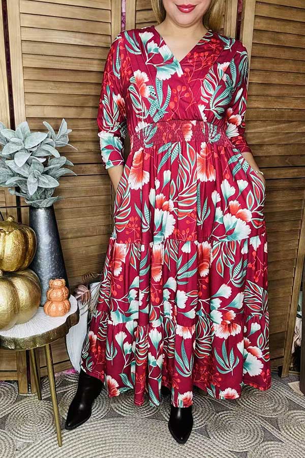 Buy Burgundy floral printed 3/4 sleeves women maxi dress & pleats front v-neckline BQ16304