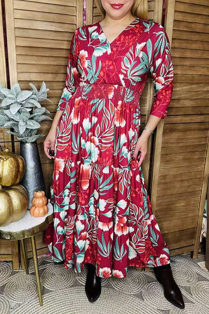 Buy Burgundy floral printed 3/4 sleeves women maxi dress & pleats front v-neckline BQ16304