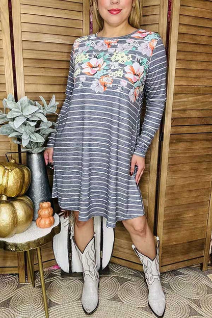 XCH11733 Gray/white striped & floral printed long sleeve w/side pockets women dress