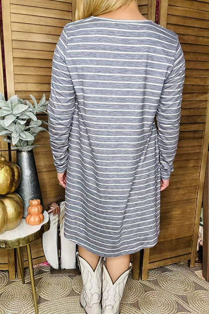 XCH11733 Gray/white striped & floral printed long sleeve w/side pockets women dress