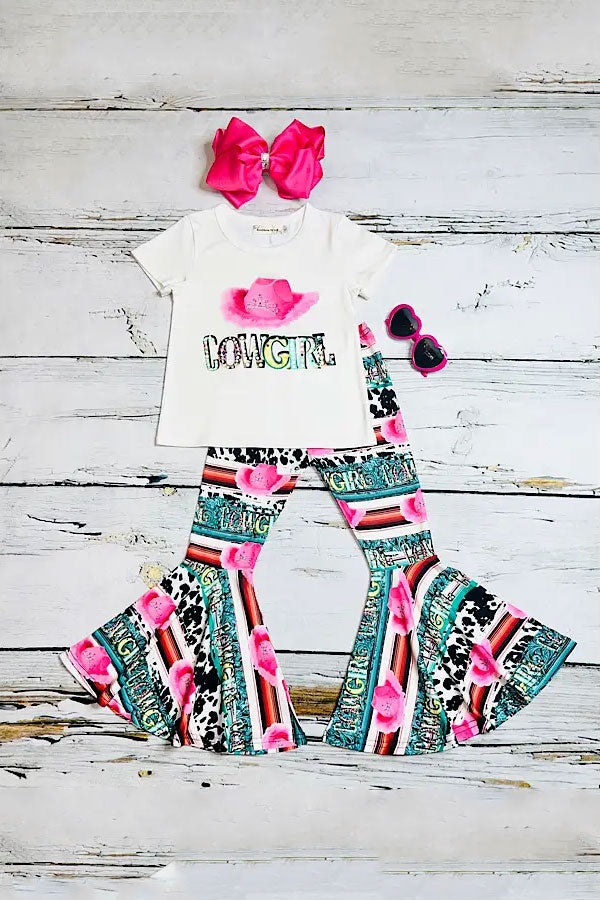 XCH0777-38H "COWGIRL" serape & cow print 2pc girls set