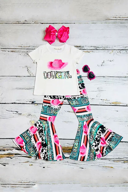 XCH0777-38H "COWGIRL" serape & cow print 2pc girls set