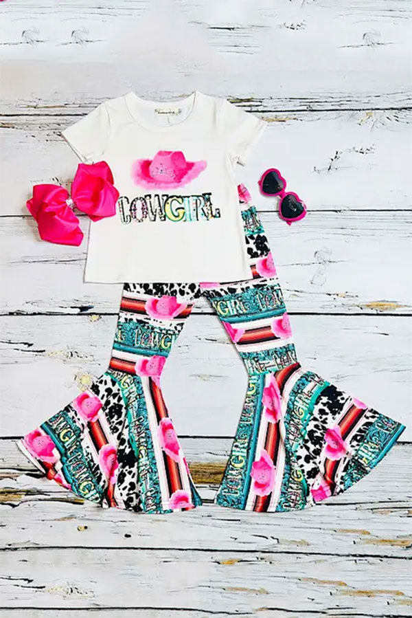 XCH0777-38H "COWGIRL" serape & cow print 2pc girls set