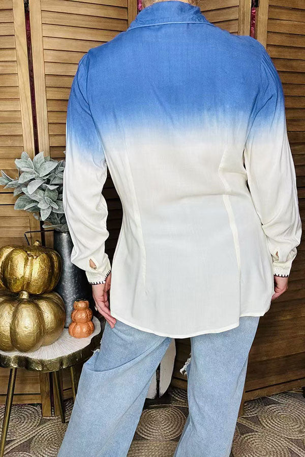 Western blue tie dyed button down women's boutique blouse YT1030
