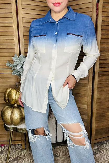 Western blue tie dyed button down women's boutique blouse YT1030