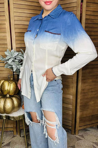 Western blue tie dyed button down women's boutique blouse YT1030