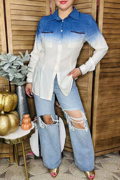 Western blue tie dyed button down women's boutique blouse YT1030