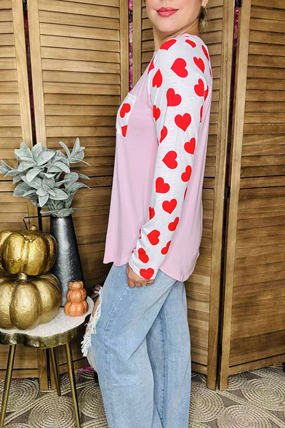 Hearts printed long sleeve & pink color block women top BQ8289