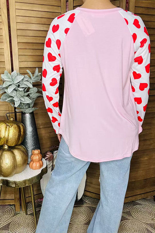 Hearts printed long sleeve & pink color block women top BQ8289