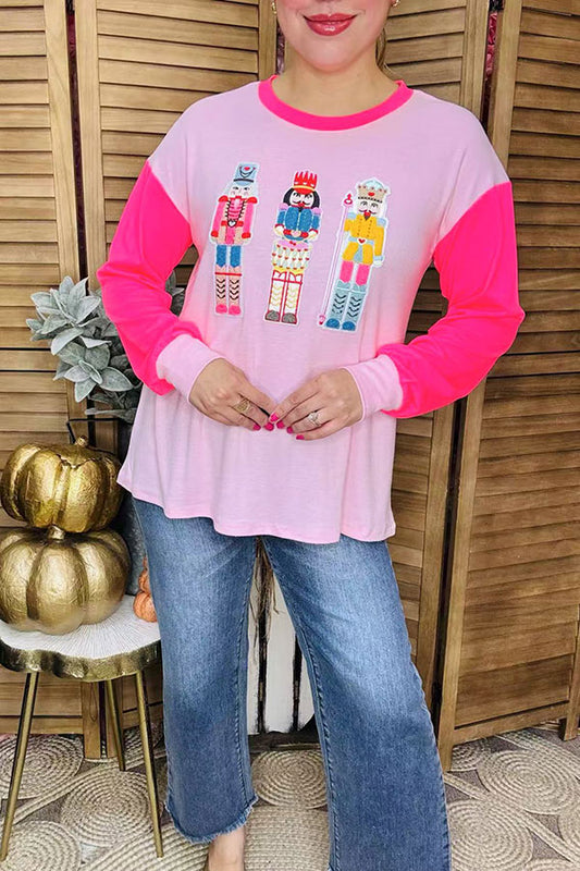 Buy Sequin Nutcracker Graphic Colorblock Pink Christmas Long Sleeve Women Top XCH16022