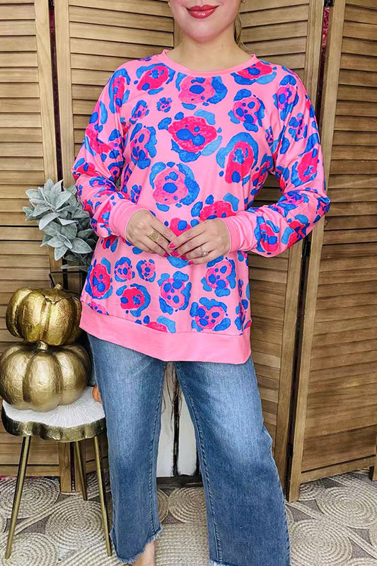 Shop Plus size pink leopard long sleeve women's blouse GJQ16228