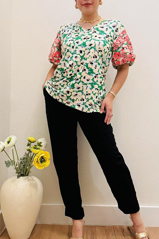 Pink floral embroidery & green floral printed balloon sleeve women top XCH16348
