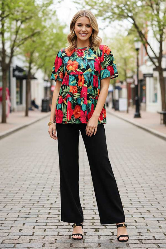 Multicolor flower & leaf printed bell short sleeves baby doll women blouse GJQ16397