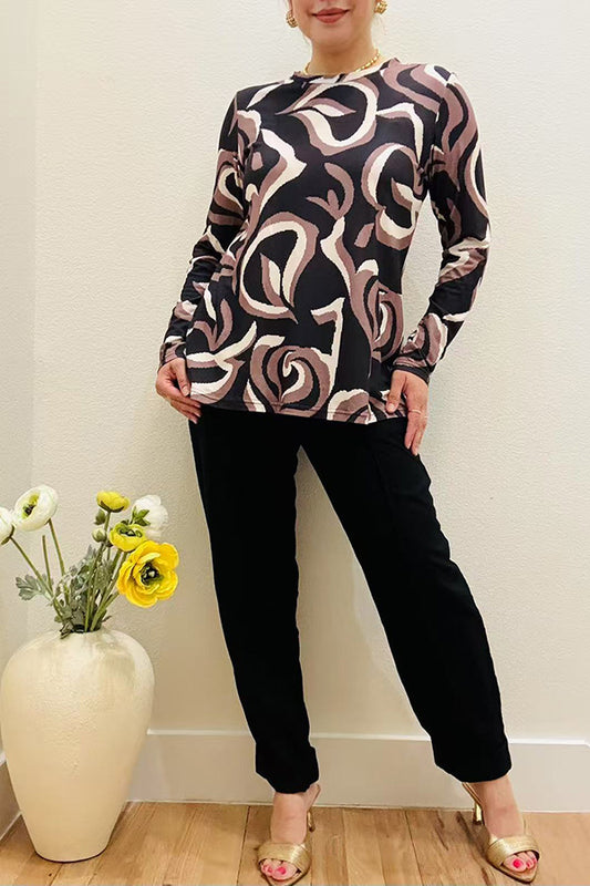Plus size marble pattern printed long sleeve women blouse GJQ16426