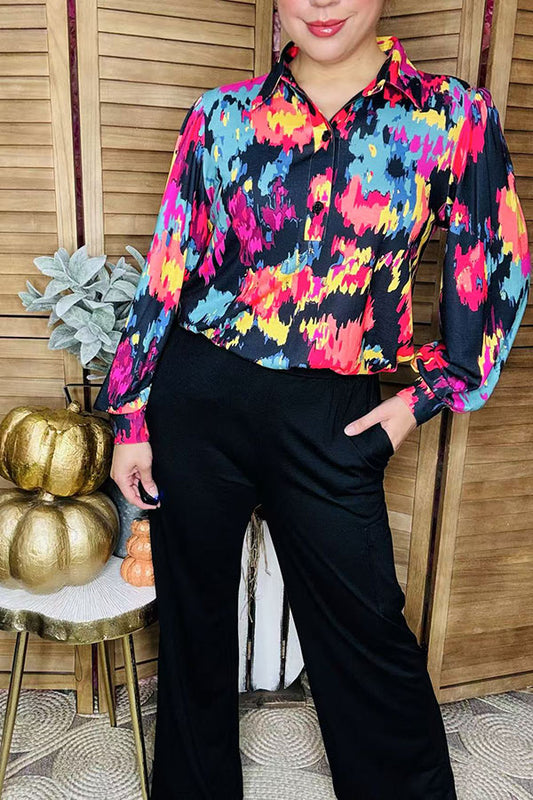 Plus size elegant tie dye long sleeve women blouse with buttons GJQ16390
