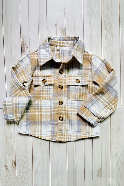 Brown plaid long sleeve unisex kids shirts w/pockets D2856