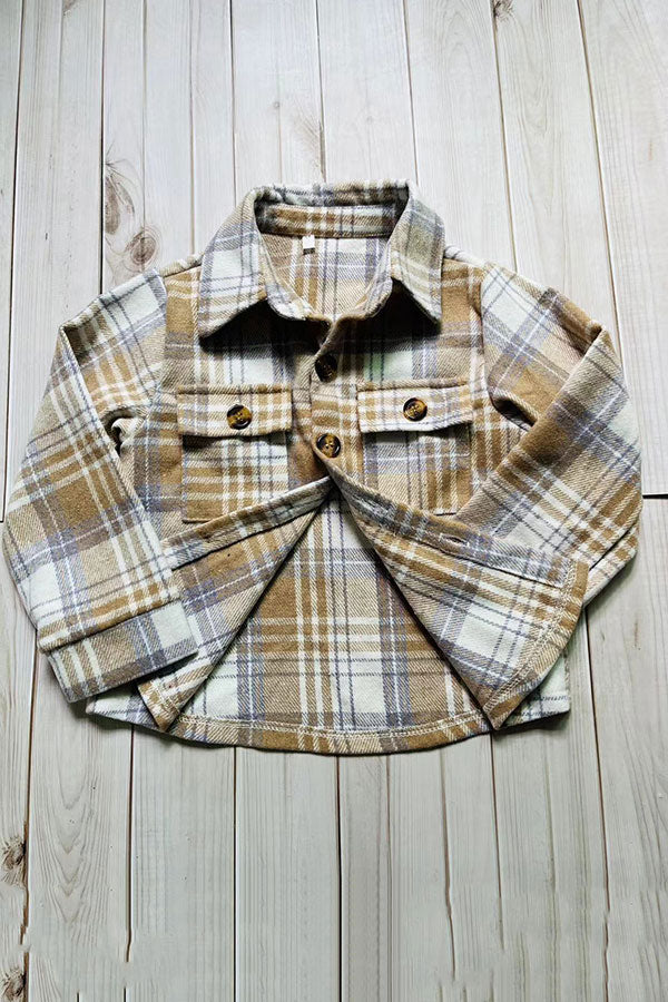 Brown plaid long sleeve unisex kids shirts w/pockets D2856