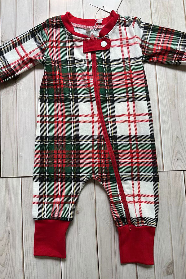 Red white green plaid long sleeve infant baby romper D2839