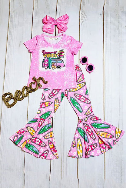 "SUMMER VIBES" pink van & surfing boards 2pc girls sets XCH0666-11