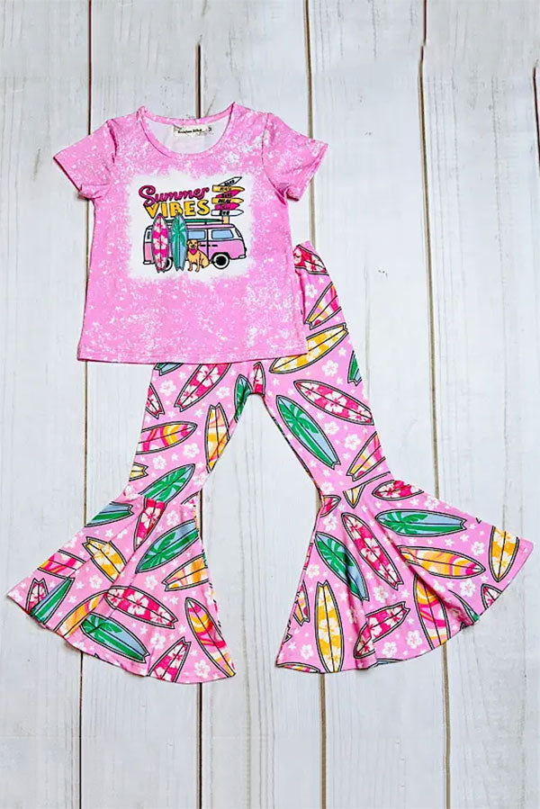 "SUMMER VIBES" pink van & surfing boards 2pc girls sets XCH0666-11