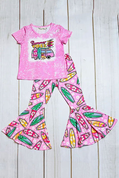 "SUMMER VIBES" pink van & surfing boards 2pc girls sets XCH0666-11
