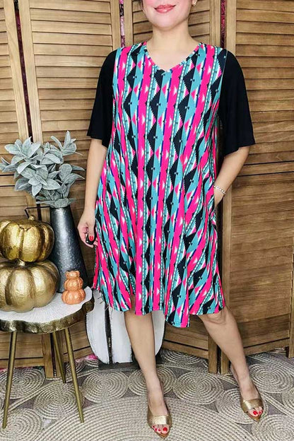 Western serape printed black short sleeve w/side pockets women dresses YMY15527
