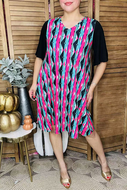 Western serape printed black short sleeve w/side pockets women dresses YMY15527