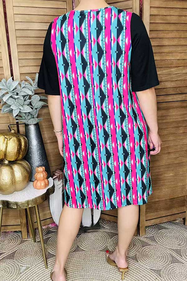 Western serape printed black short sleeve w/side pockets women dresses YMY15527