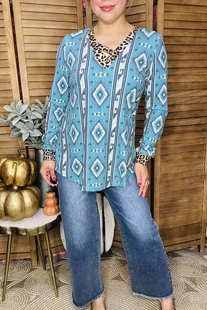 Western mint aztec printed & leopard long sleeve women blouse GJQ10338