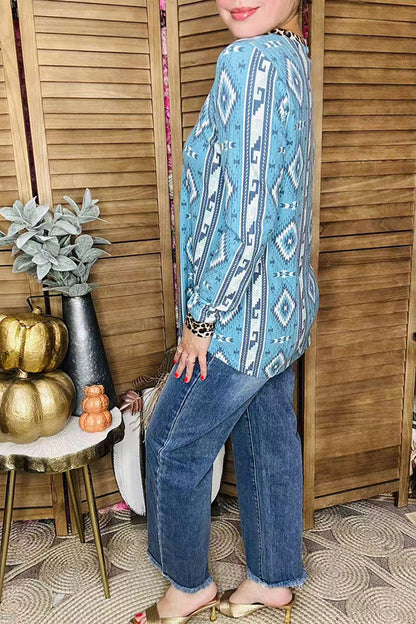 Western mint aztec printed & leopard long sleeve women blouse GJQ10338
