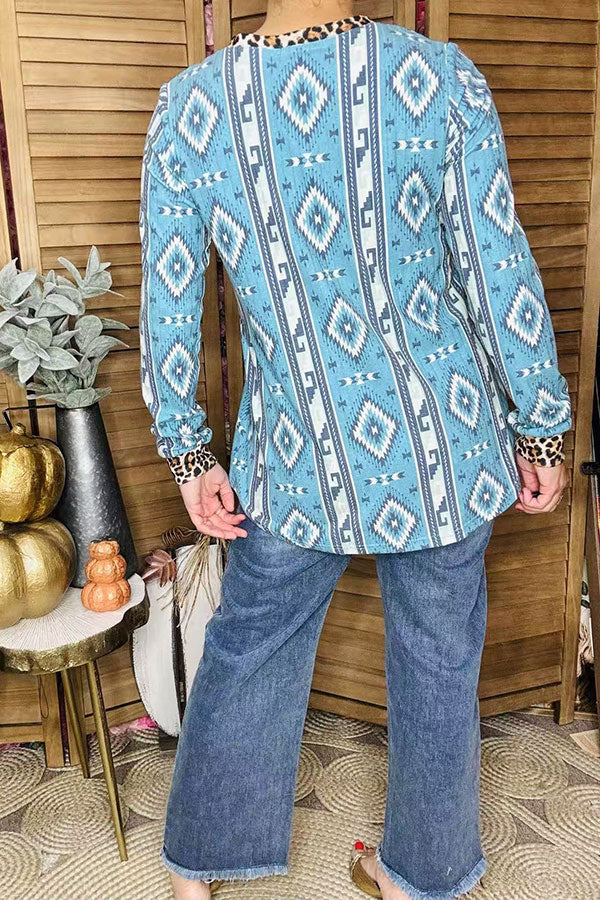Western mint aztec printed & leopard long sleeve women blouse GJQ10338