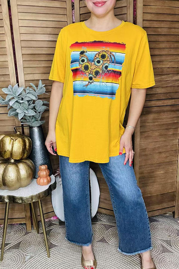 Western serape & sunflower printed yellow short sleeve t-shirt DLH9966