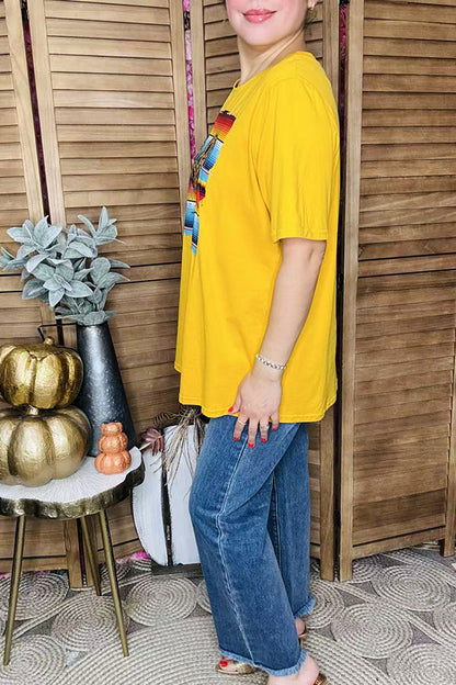 Western serape & sunflower printed yellow short sleeve t-shirt DLH9966
