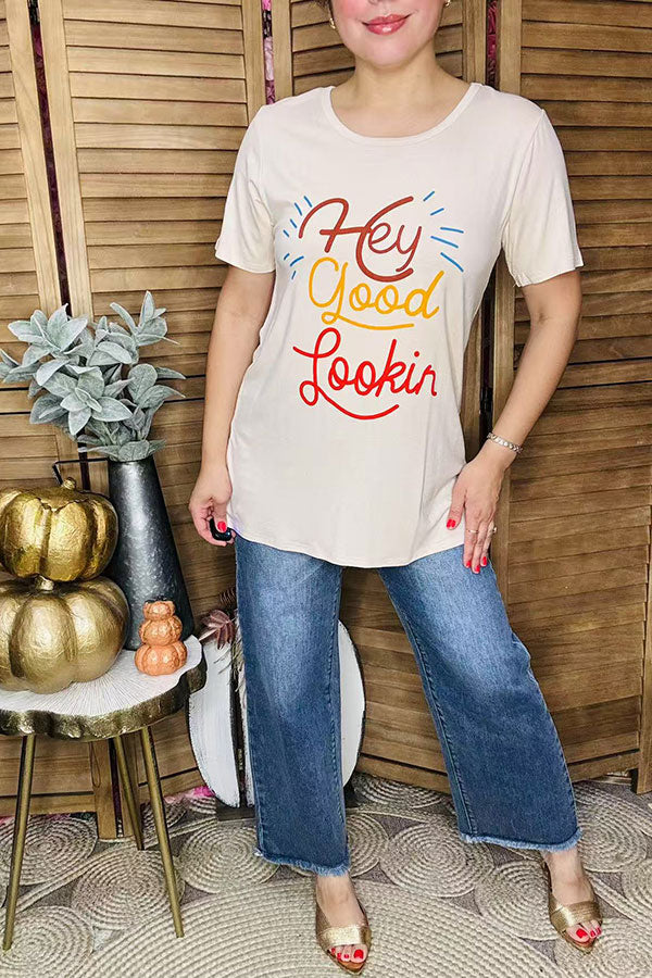 "Hey Good Lookin" printed simple short sleeve women t-shirt HX5115