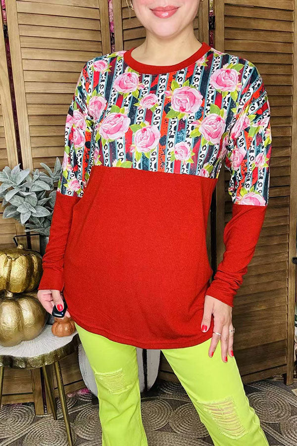 Floral & striped with burgundy color blocked long sleeve women tops DLH11643