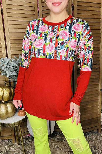 Floral & striped with burgundy color blocked long sleeve women tops DLH11643