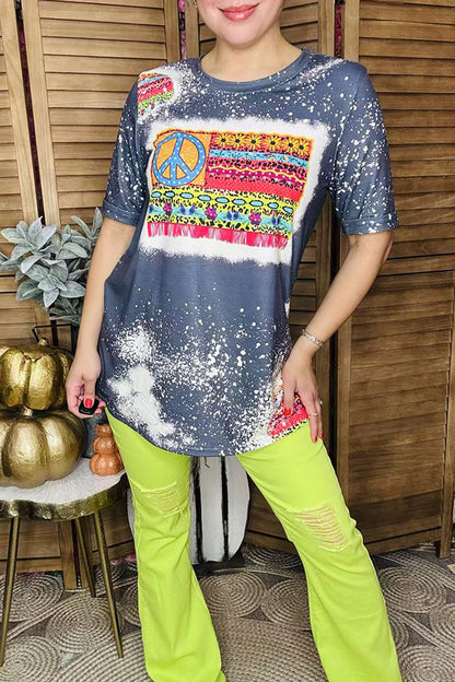 Western floral printed grey short sleeve women t-shirt DLH14166