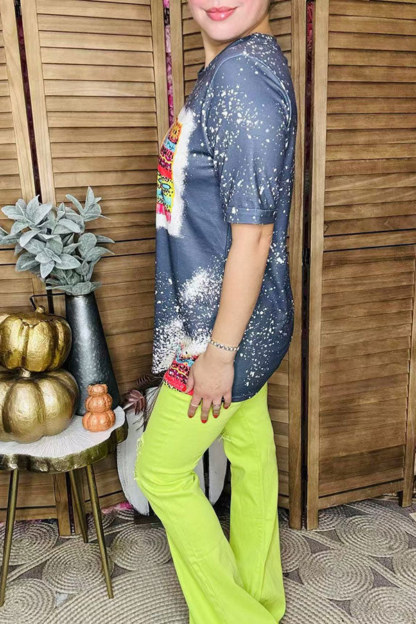 Western floral printed grey short sleeve women t-shirt DLH14166