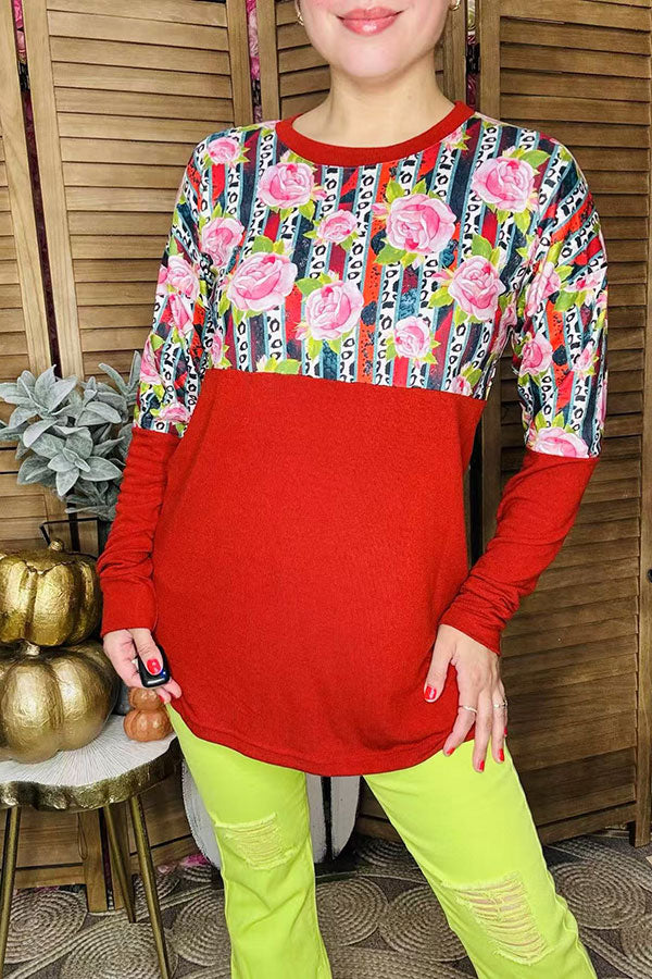 Floral & striped with burgundy color blocked long sleeve women tops DLH11643