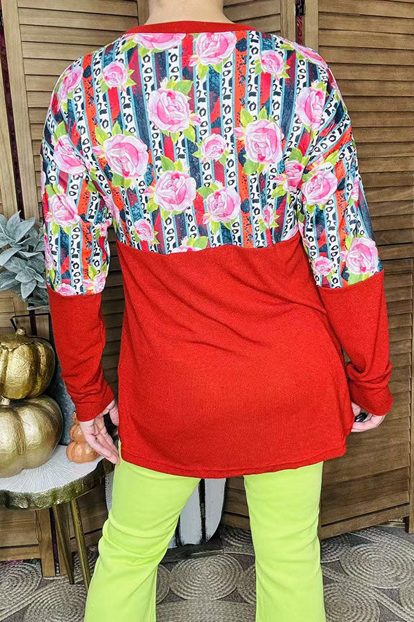 Floral & striped with burgundy color blocked long sleeve women tops DLH11643