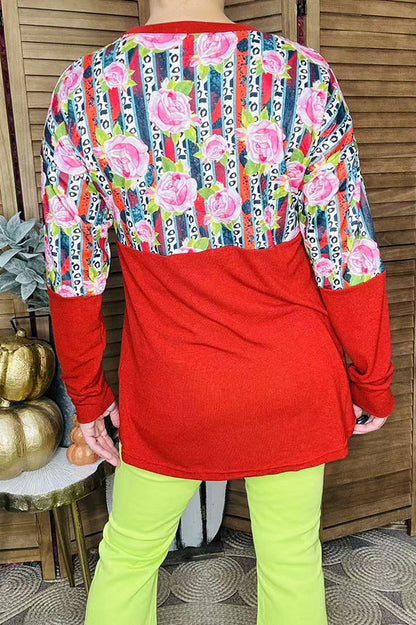 Floral & striped with burgundy color blocked long sleeve women tops DLH11643